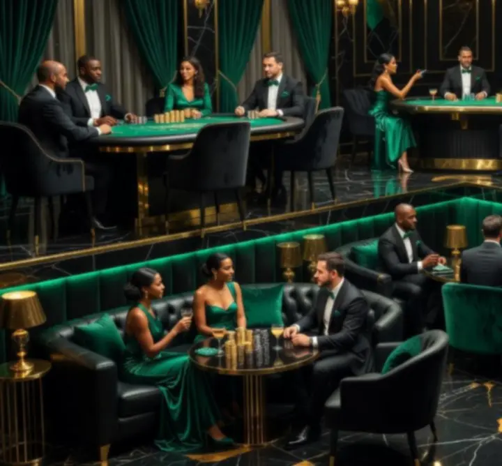 Overview of the casino lounge at Aus Nights showing tables, bar, and guests