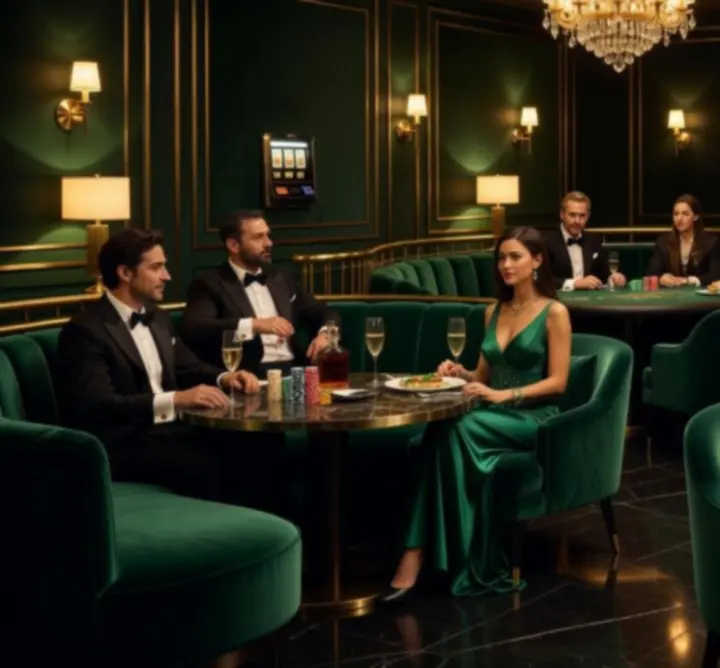 Elegant casino lounge atmosphere at Aus Nights with low lighting and gaming tables