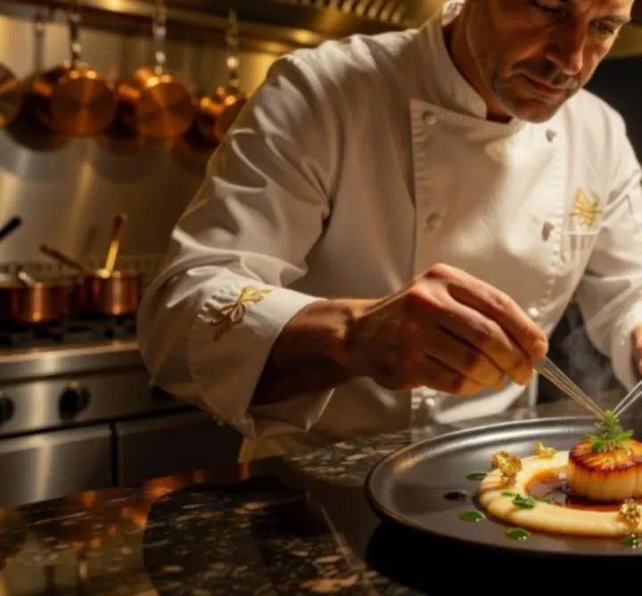 Chef presenting a refined tasting course to guests during a cinematic dining event at Aus Nights.