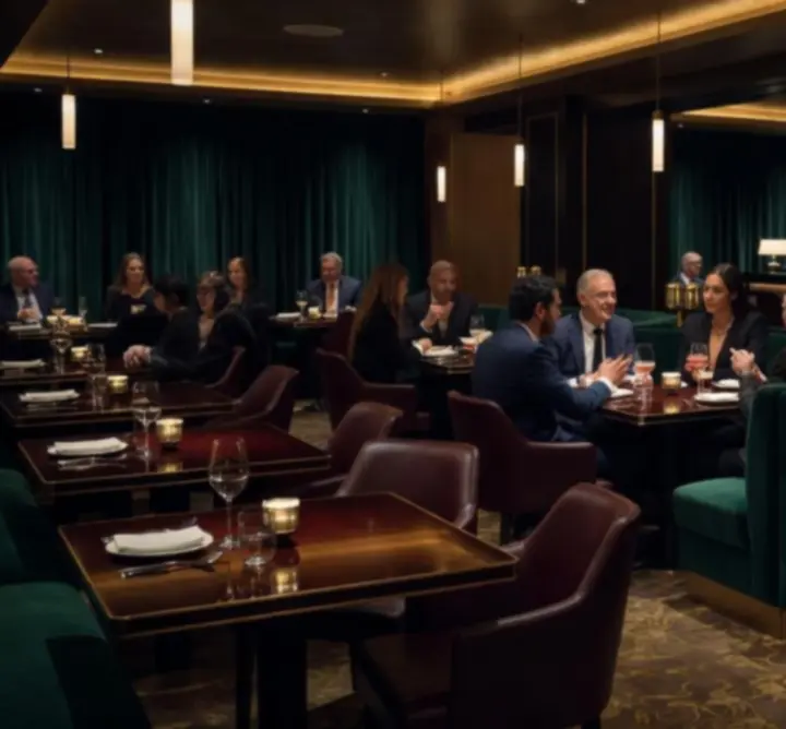Elegant guests enjoying cocktails and dining in a moody, cinematic restaurant setting at Aus Nights.