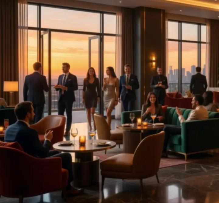 Cinematic view of Aus Nights restaurant and lounge with moody lighting and guests enjoying the evening.