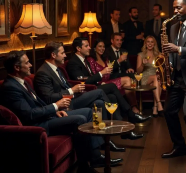 Low-lit lounge at Aus Nights with live music and guests enjoying the performance.