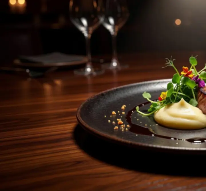 Signature dish at Aus Nights plated on stoneware under dramatic spotlight.