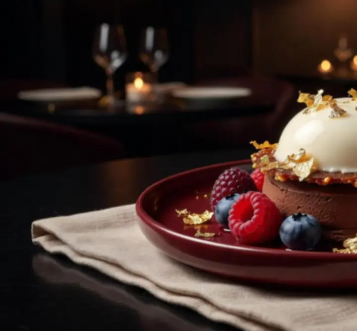 Gourmet dessert artfully plated at Aus Nights in warm, cinematic lighting