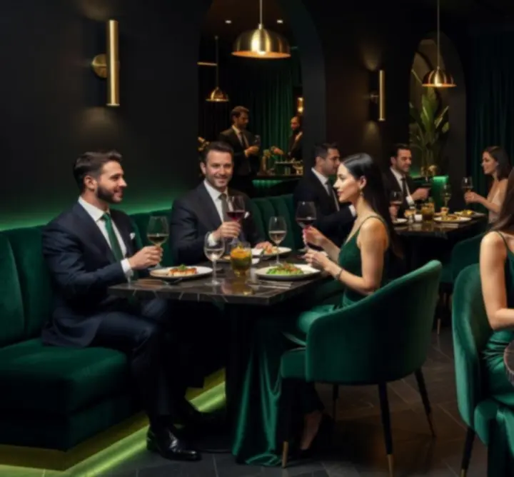 Cinematic view of elegantly plated cuisine and guests dining at Aus Nights