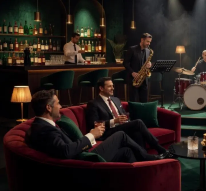 Live band performing in a moody lounge with guests seated at candlelit tables.