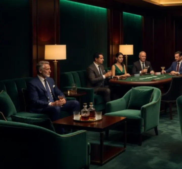Luxurious VIP lounge with emerald and gold tones, intimate seating and subtle casino-inspired details.